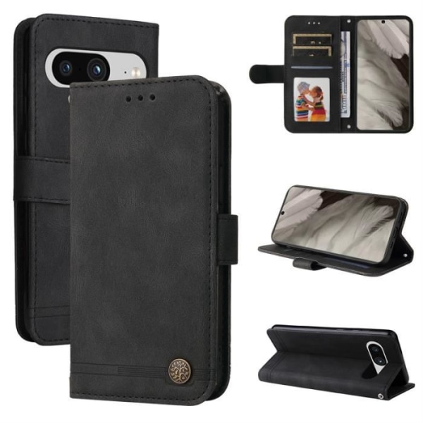 Cover til Google Pixel 8, Premium Protective Læder Wallet Case med [kortpladser] [Magnetisk] (sort) SMF59 Svart