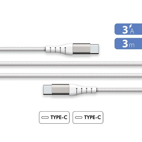 USB C/USB C Forstærket Kabel 3m - 3A Force Power Hvid