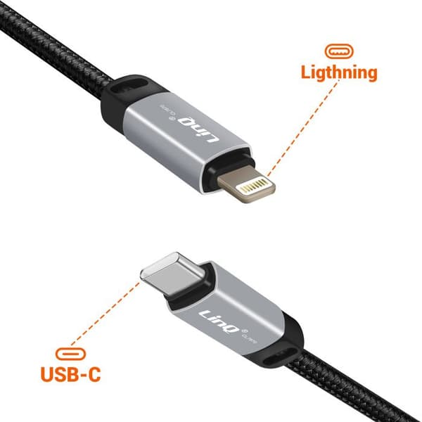Câble Lightning / USB C Power Delivery 36W Överföring Nylon Flätad 1.2m LinQ Svart