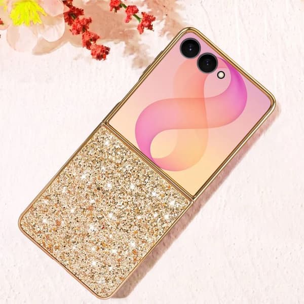 Glitterfodral för Samsung Galaxy Z Flip 8 med gyllene kromram Gul