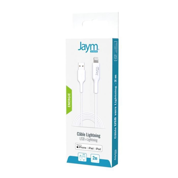 Laddnings- och synkroniseringskabel - JAYM - Lightning MFI - 2.4A - 2M - Vit Vit