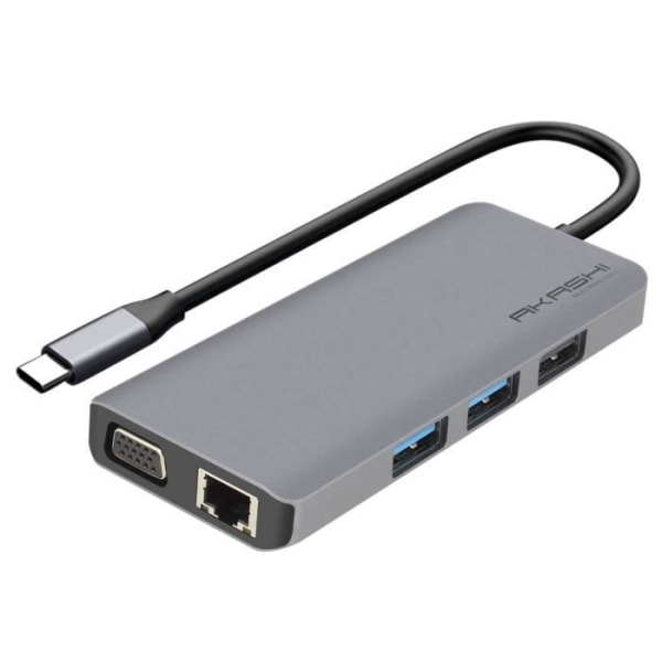 USB-C Hub - Akashi - 9 i 1 - 3x USB - 1x HDMI - 1x VGA - 1x Ethernet - Grå