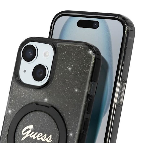 MagSafe-kuori iPhone 15, kimalteleva silikoni, kohotetut reunat, Guess musta Svart