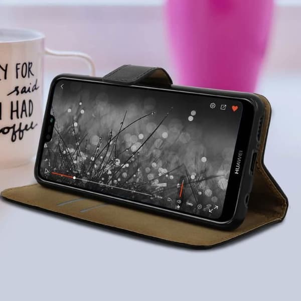 Folio tegnebogs etui - AVIZAR - Huawei P20 Lite - Ægte læder - Fuld beskyttelse - Stativfunktion svart