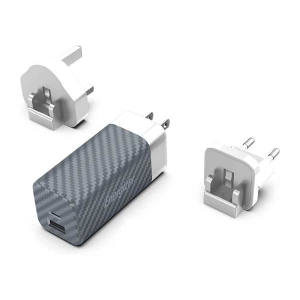 Energizer 65W USB-A + USB-C laturi ilman kaapelia – 3 sovitinta EU/US/UK – Hopea/Harmaa Sølv/grå