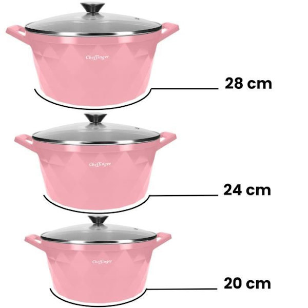 Marmiter - Cheffinger - Diamant Motiv - 20/24/28 cm - Ergonomiske Håndtag - Hætter i Tempereret Glas Transparent