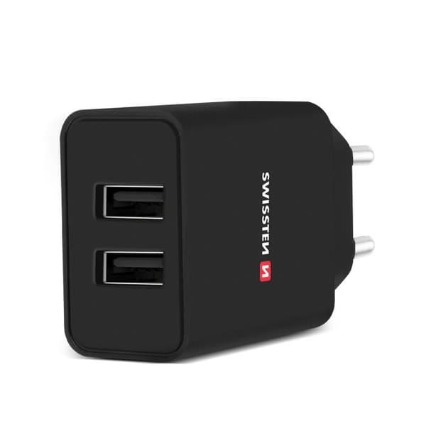 Dobbelt USB-netoplader - Swissten - Sort - 2.1A - 1.2m USB-C-kabel - Smart IC Svart