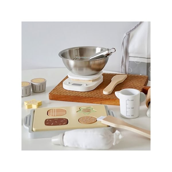 Set för bakning för barn i trä, Mini Chef, realistiska köksredskap, färgglad. Svart