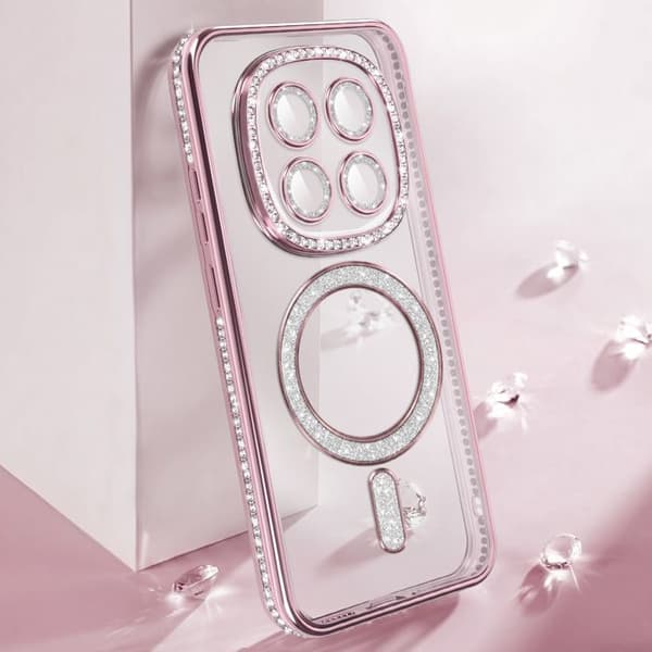 Cover til Redmi Note 15 Kompatibel med MagSafe med Rosa Rhinestone Kant Ros