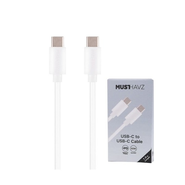 USB-C til USB-C PD 3.0 60W Opladning og Synkronisering 1m Grab 'N Go Hvid Vit
