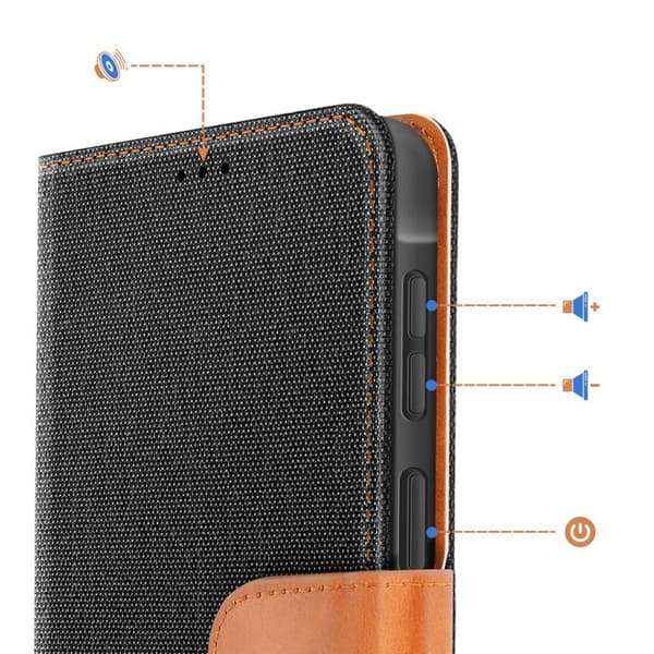 Pungetui til Galaxy A57 Denim Effekt med Magnetisk Klap Sort / Orange Svart/orange