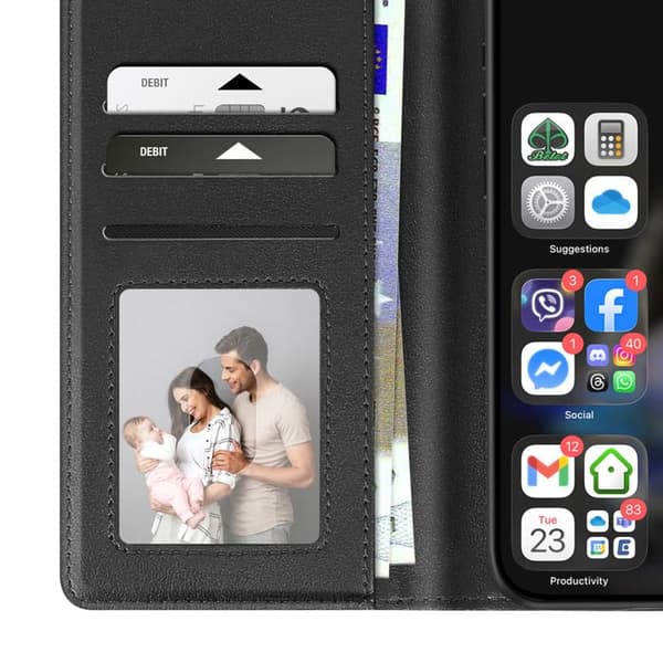 Lompakkokotelo - AVIZAR - iPhone 16 Pro Max - Premium-nahka - Tuki-toiminto - Musta Svart