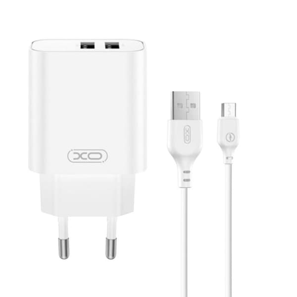 Dubbel USB-A väggladdare 12W och universell Micro-USB-kabel XO Vit Vit