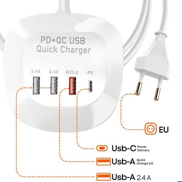 Mini multiport ladestation 3 USB + USB-C kompakt kabel 1m LinQ hvid Vit