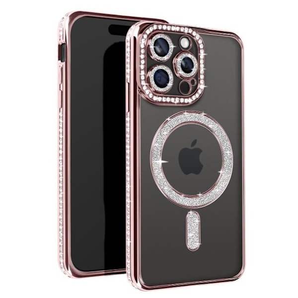 Diamond Case iPhone 15 Prolle - AVIZAR - Strassikivi Contour - Samppanjan vaaleanpunainen - MagSafe Rosa