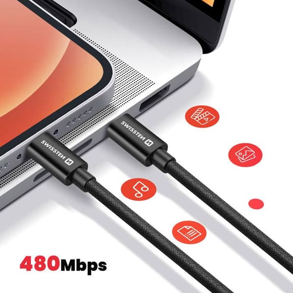 USB-C - USB-C -kaapeli 3m 60W Yleinen Lataus ja Nopea Siirto Swissten Musta