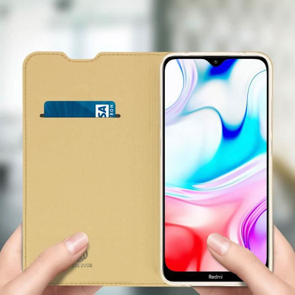Hus - DUX DUCIS - Xiaomi Redmi 8 / 8A - Ekoskinn - Videostöd - Kortficka Gult guld