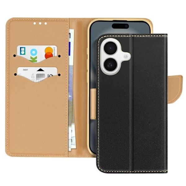 iPhone 16 Fodral Plånbok Saffiano Läder Fancy Svart / Guld Svart
