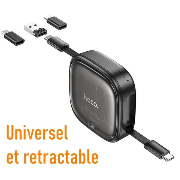 Laddkabel 3 i 1 - HOCO - U140 - Utvecklingsbar - 60W - USB-C, Lightning, Micro USB Svart