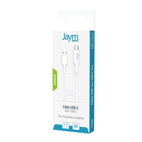 Lataus- ja tiedonsynkronointikaapeli USB Type-C 2.4A 2M Jaym White -liitäntään Vit