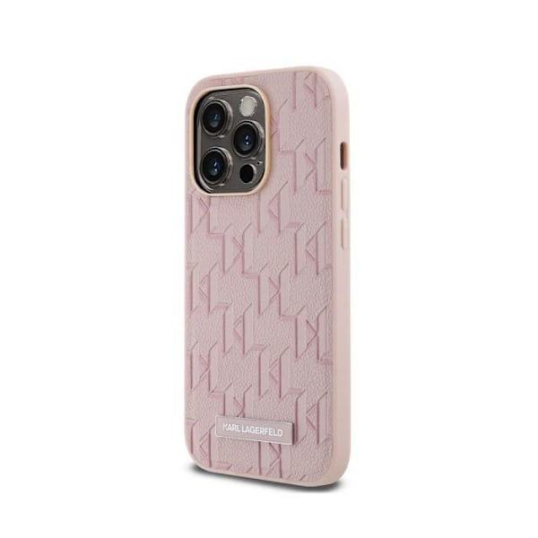 Coque för iPhone 14 Pro Max MagSafe med monogrammönster och Karl Lagerfelds metalliska logotyp i rosa Rosa