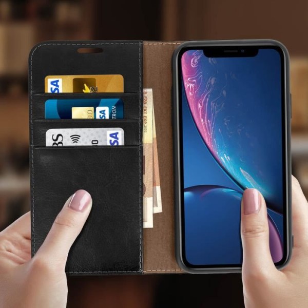iPhone XR-etui - Ægte læder - Sort - Tegnebog - Videostativ - Kortlommer Svart