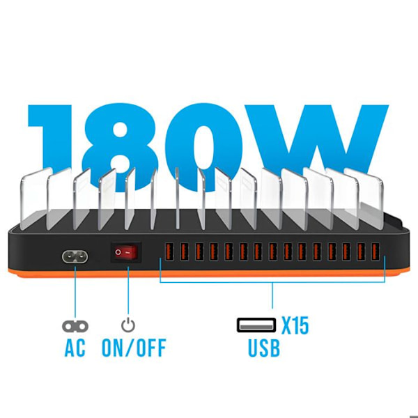Latausasema 180W 15 USB-porttia 3.5A Tuki ja Tuuletin Musta