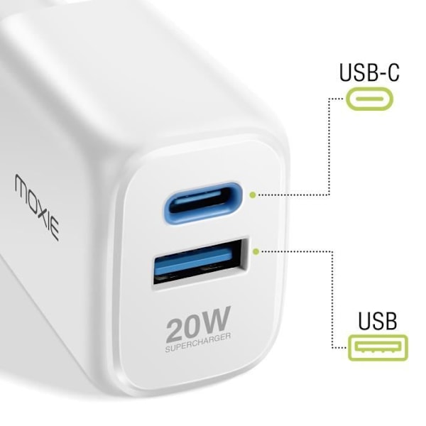 Vægoplader USB og USB C Power Delivery 20W Hurtig Opladning Moxie Hvid Vit