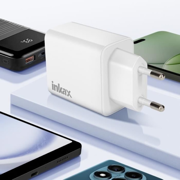 Lader 2x USB-C Power Delivery 20W + USB 18W Hurtigopladning Kompakt Inkax Hvid Vit