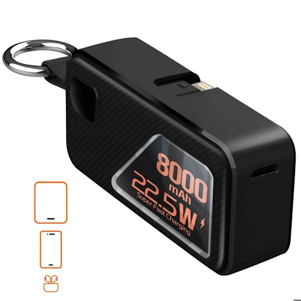Batteri Extern 8000 mAh Nyckelring USB C och Lightning LinQ Svart Svart