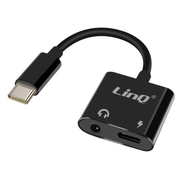LinQ USB-C til 3,5 mm lydstik og USB-C hun-opladningsadapter Sort