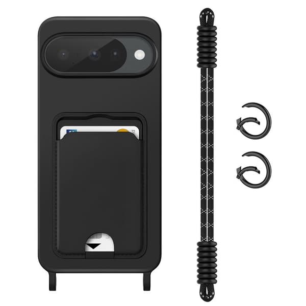 Cover - ADVARSEL - Google Pixel 10 - Silikone Blød - Kortholder - Ultra Stærk Rem Sort