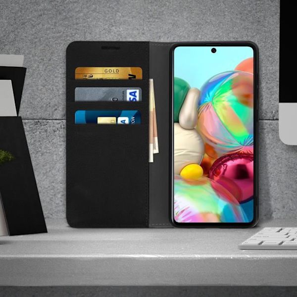 Fodral för Samsung Galaxy A51 - Äkta Läder - Svart - Kortfack - Videostöd - Mjuk Svart