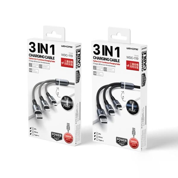 3-i-1 forbindelseskabel - WEKOME - WDC-119 - USB-A til Lightning, USB-C, Micro USB - 1,2 m - Sølv Pengar