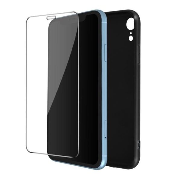 iPhone XR -kotelo, musta pehmeä geelisilikoni ja 9H läpinäkyvä karkaistu lasi