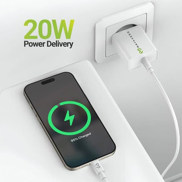 Laddare för iPhone 16 Pro Max 20W + USB-C-kabel 1m Mayaxess Vit Vit