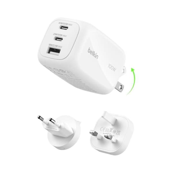 "USB-C 100W max PD-PPS vægoplader: 2 USB-C 100W, 1 USB-A 22.5W - hvid - Belkin"