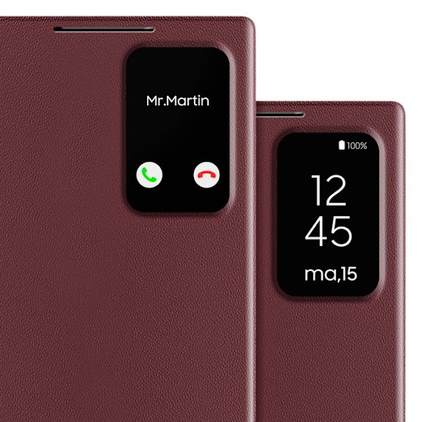 Etui i læder til Galaxy S22 Ultra med vinduesvisning og kortlomme i Bordeaux Röd