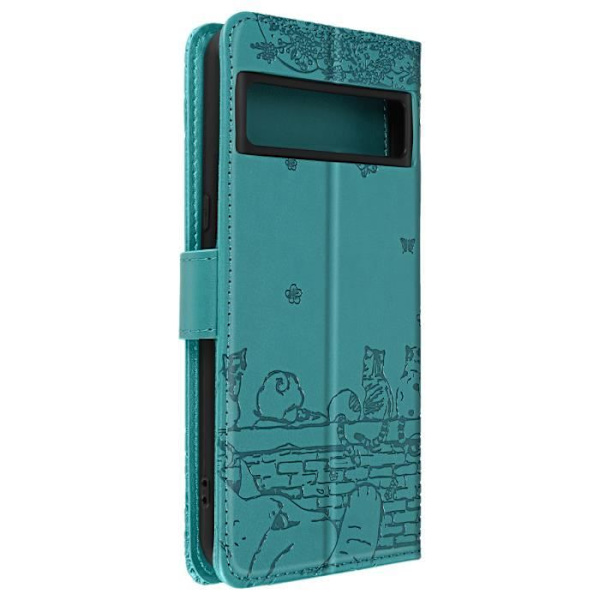 Kattfodral för Google Pixel 8 Pro Wallet Series Kawaii Cat Cover Turkos Blå