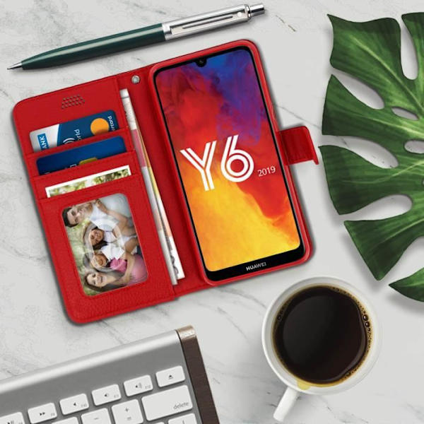 Plånboksfodral - AVIZAR - Huawei Y6 2019 - Ekoskinn röd - Videostöd - Magnetisk stängning Röd