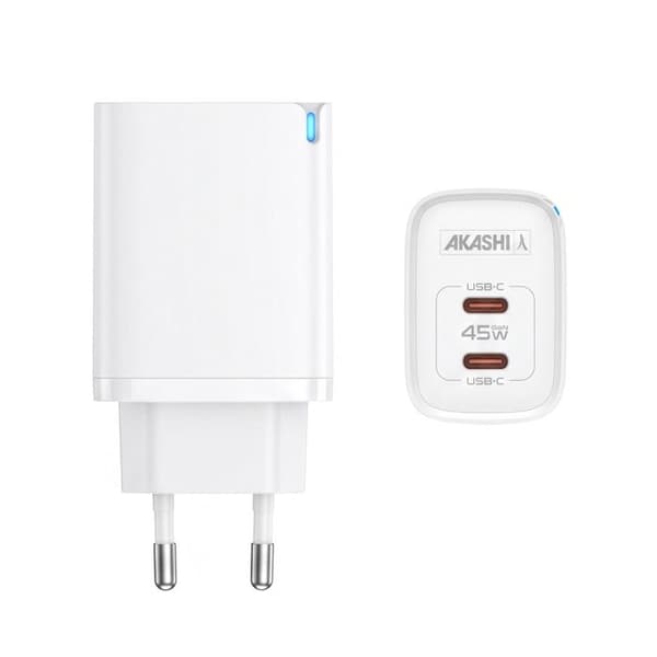 45W Vægoplader til Smartphone / PC GaN Teknologi Dobbelt USB-C Akashi Hvid Vit