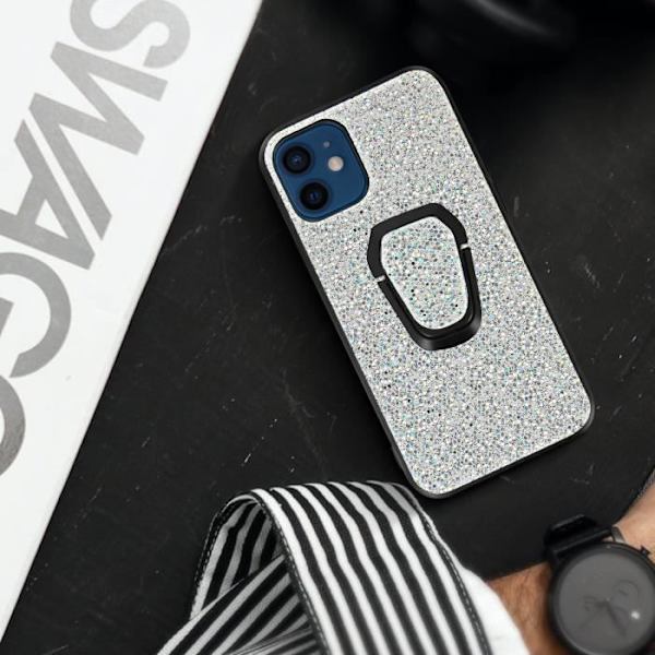 Coque iPhone 12 Mini - AVIZAR - Paillettée - Bi-matière - Argent Gris - Bague de maintien Silvergrå
