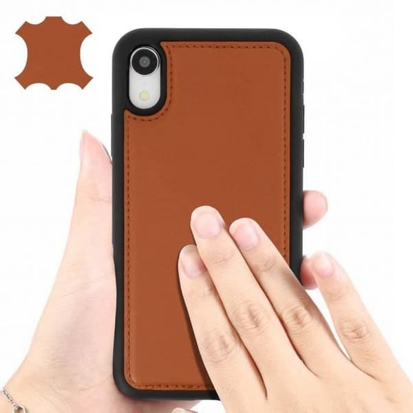 Coque iPhone XR - Akashi - Äkta Läder - Hård - Kamel Brun - Välvda Detaljer Camel Brown