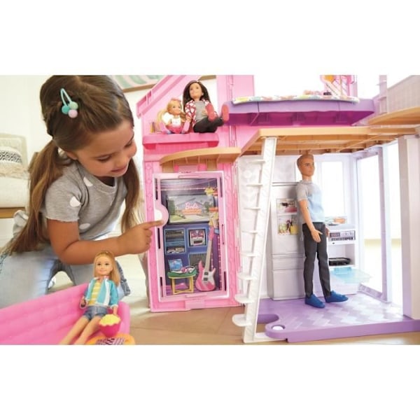 Barbie - Malibu House - 6 huoneen nukketalo 2 kerroksella - Yli 25 asustetta - Alkaen 3 vuotta vanha Vaaleanpunainen
