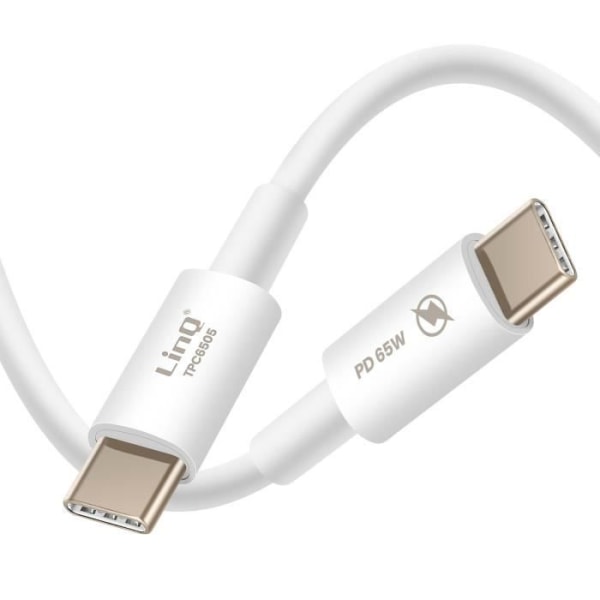 USB C-kabel 65W Strømforsyning Opladning og dataoverførsel 1,8m LinQ Hvid Vit