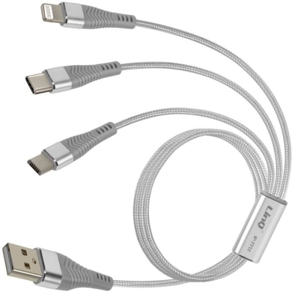 3 i 1 kabel - LINQ - 70 cm - USB-C, Micro-USB, Lightning - Flettet nylon - Sølv Grå