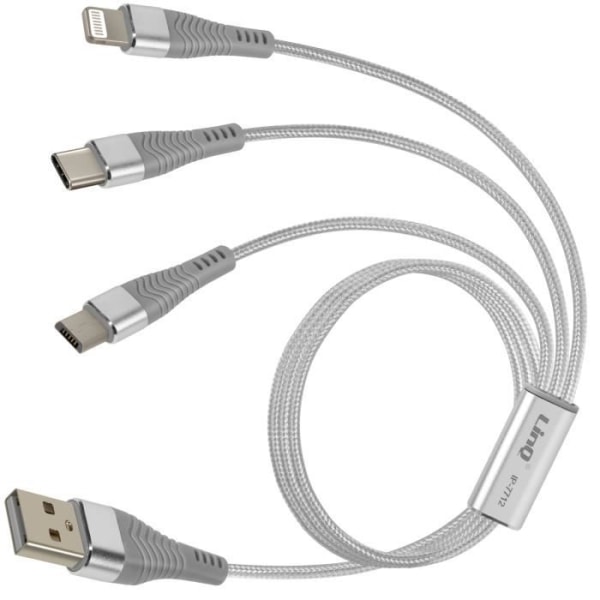 3 i 1-kabel till USB-C MicroUSB och Lightning 70 cm Nylonflätad LinQ Silver