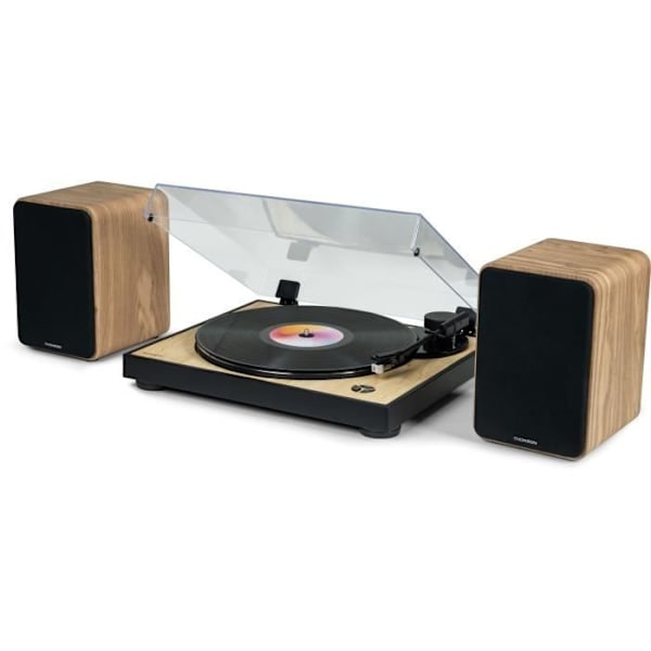 THOMSON WS602DUO - 2 kaiuttimen setti puulaatikolla - 100 W - Bluetooth 5.0 - 2 RCA-lähtöä - Vaaleaa puuta Brunt och svart