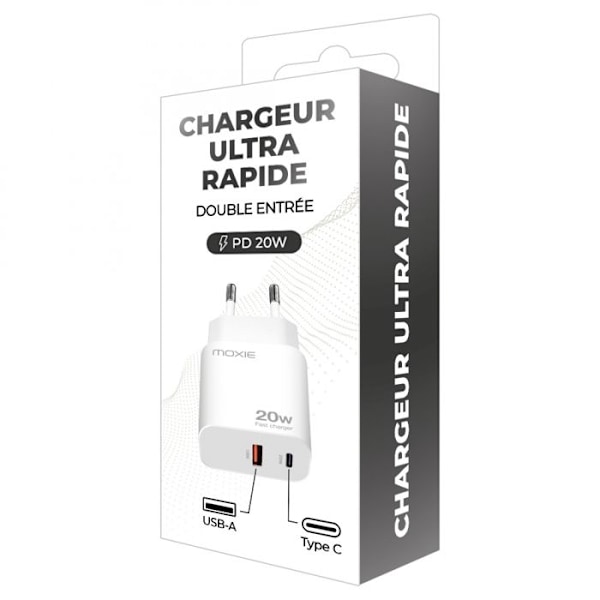 Ultra Hurtig Oplader 20W Dobbelt USB-C og USB-A Port Moxie Hvid Vit