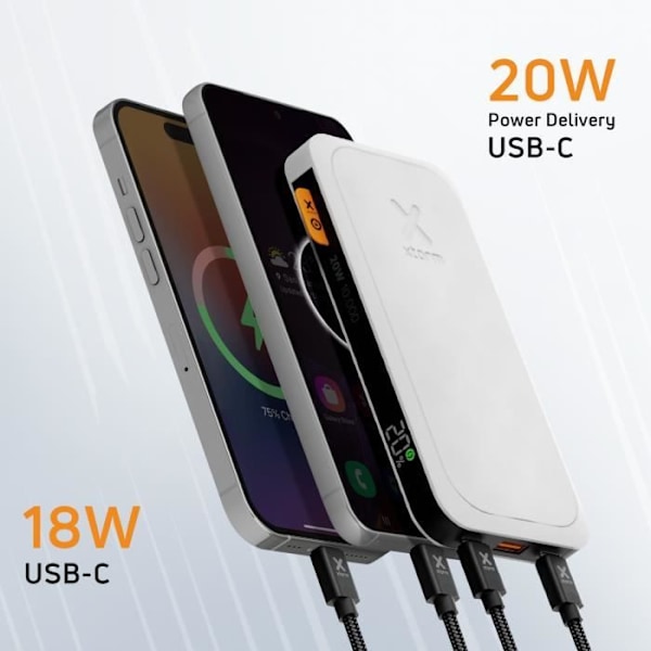 Batteri Extern - XTORM - Fuel Series 5 - 10000mAh - 20W - 2x USB-C + USB - LED-skärm Vit